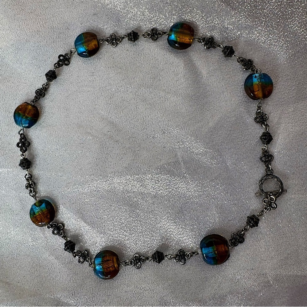 Necklace Dichroic glass beads brown blue toggle necklace silver black luxe